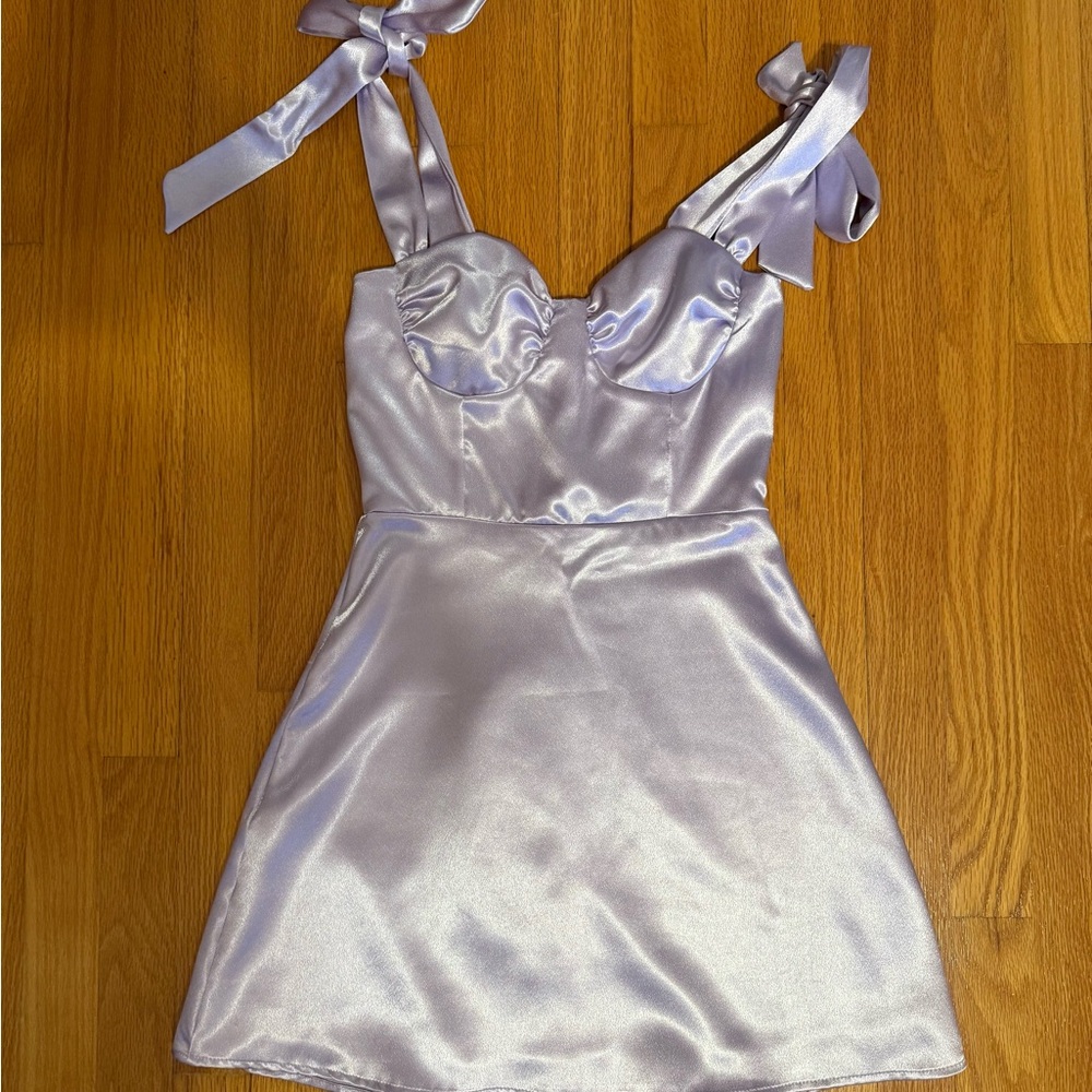 Lucy in the Sky XS Lavender Satin Mini Dress with Bow Straps